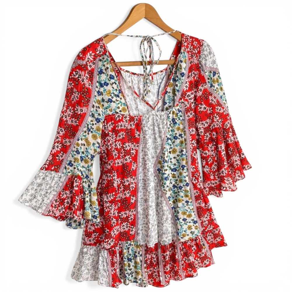 Entro Patchwork Floral Babydoll Blouse Small Bell Sleeve Boho